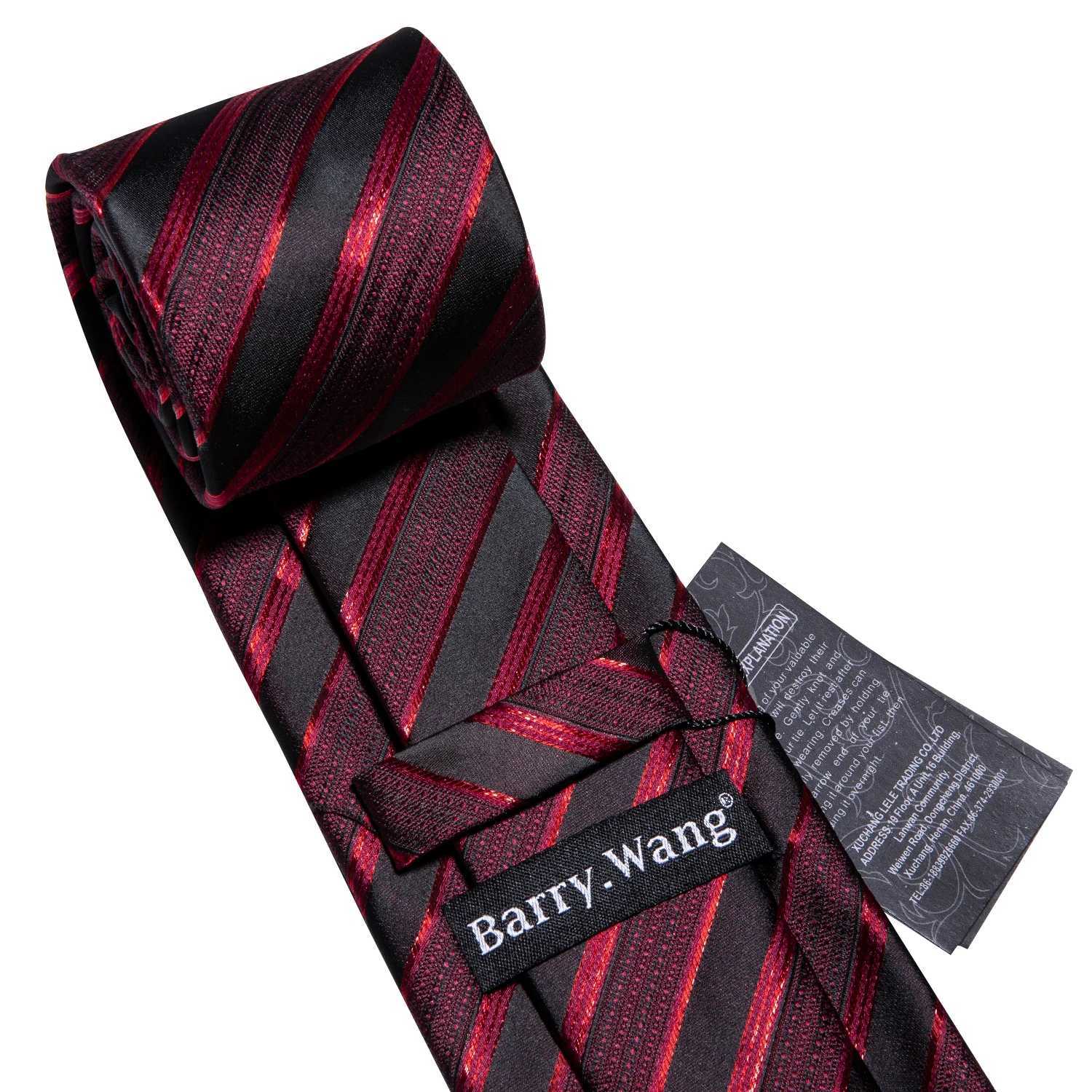 Barry.Wang Red Black Mens Tie Set Jacquard Striped Necktie Handkerchief Cufflinks for Male Weeding Busin Party Luxury GiftX241109