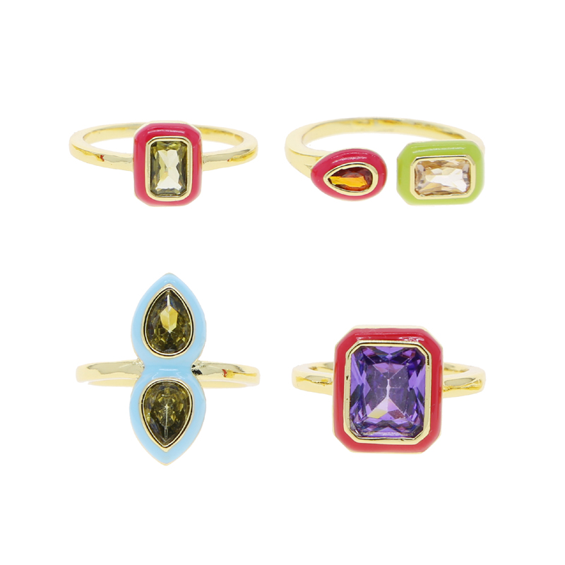 Pastel Enamel Geometric Bezel Band Rectangle 5A Cubic Zirconia CZ Sparking Engagement Band Ring for Women Fashion Jewelry