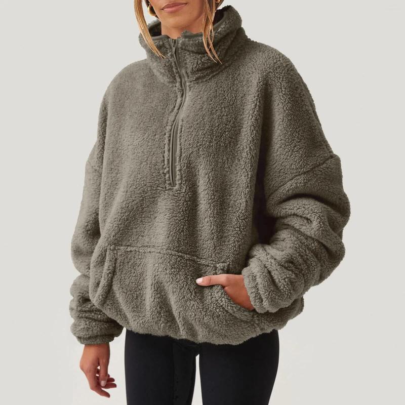 Women's Hoodies Fuzzy Quarter Zip Sweatshirt Women Trendy Casual Zipper Pullover Fleece Sweatshirts Long Sleeve Winter Womens