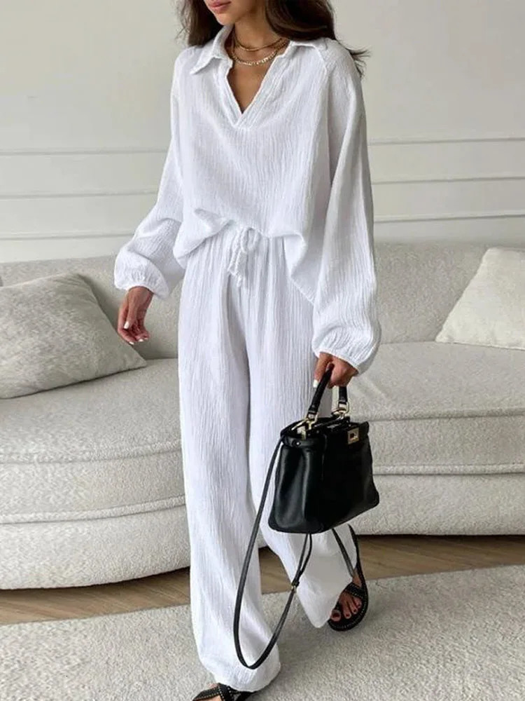 2024 Womens Autumn 2 Piece Outfits Vneck Long Sleeve Shirt Loose Wide Leg Pants Linen Lounge Sets with Pockets 241108