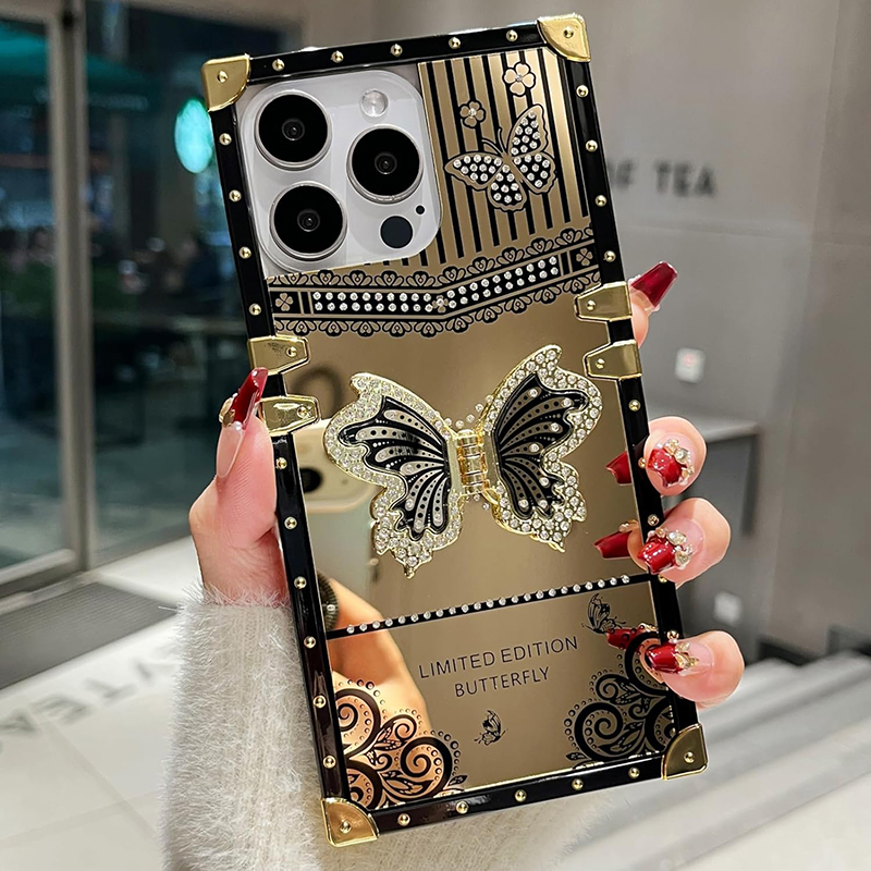 Luxury Glitter Diamond Butterfly Stand Square Cases Stand Metal Corner For iPhone 16 15 14 13 12 11 Pro Max Samsung S21 S23 FE S22 S24 Ultra A15 A35 A