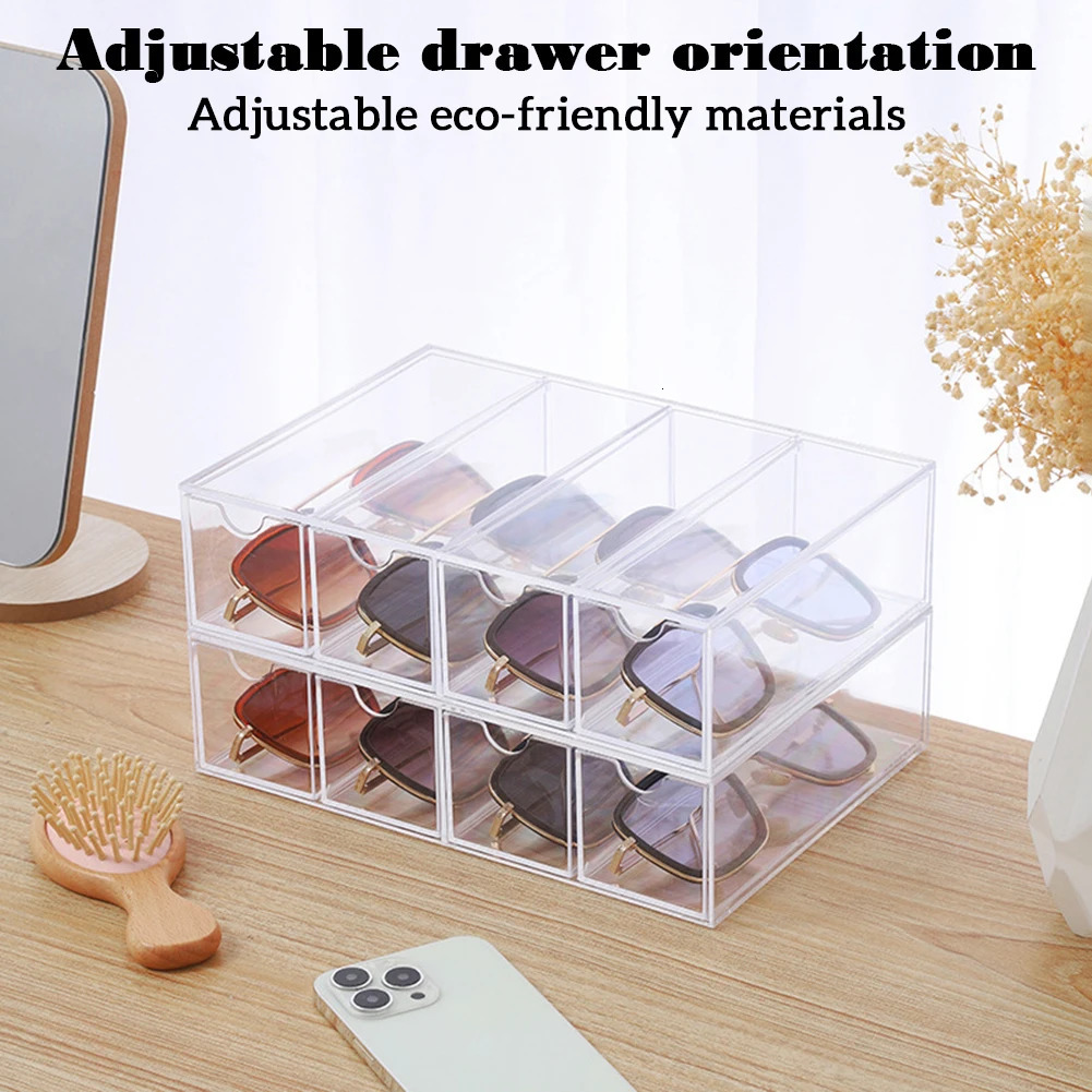Acrylic Glasses Storage Box Stackable 4 Layer Desktop Sunglasses Drawer Display Case Dustproof Stationery Organize For Home 240327