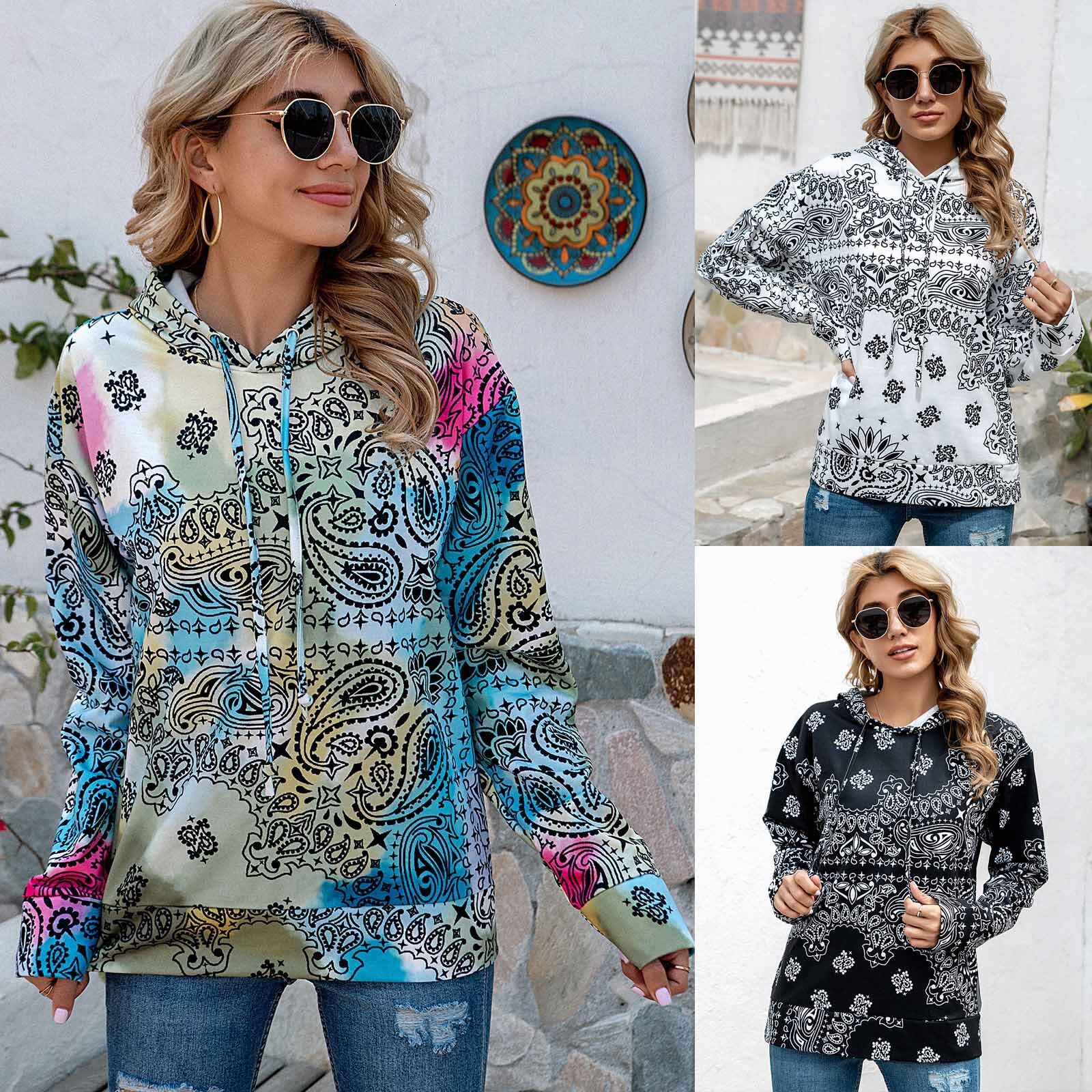 Designer's personalized Bohemian style printed top, fashionable women's hooded and velvet sweatshirt