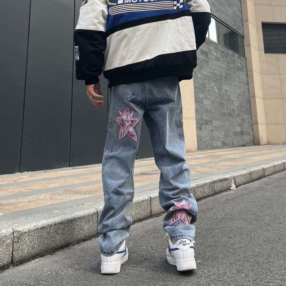 Y2k Retro Print Alphabet Star Jeans Men Women Hip-Hop High Street Spring And Autumn Loose Straight Drag Casual Pants
