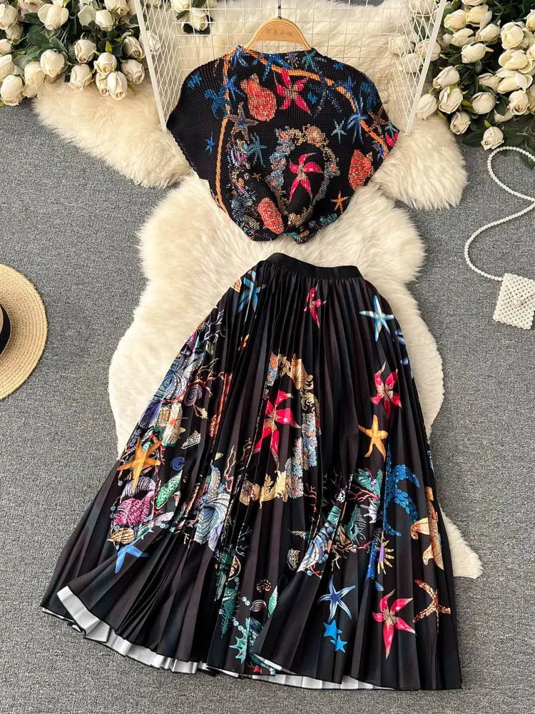 Summer Runway Pleats Floral Print Two Piece Set Women Half High Collar Stretch TopElastic Waist Long Pleated Skirt Outfits 240329