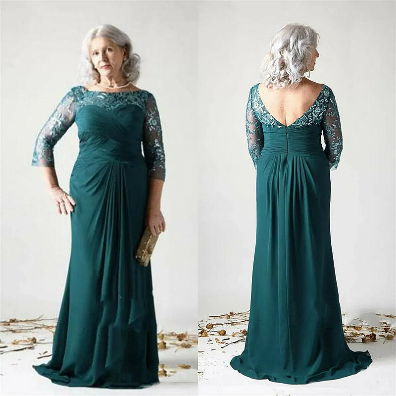 Elegant Dark Green Long Mother Of The Bride Dresses Lace Appliques Ruched Chiffon A Line Plus Size Wedding Guest Dress Open Back Groom Mom Formal Wear