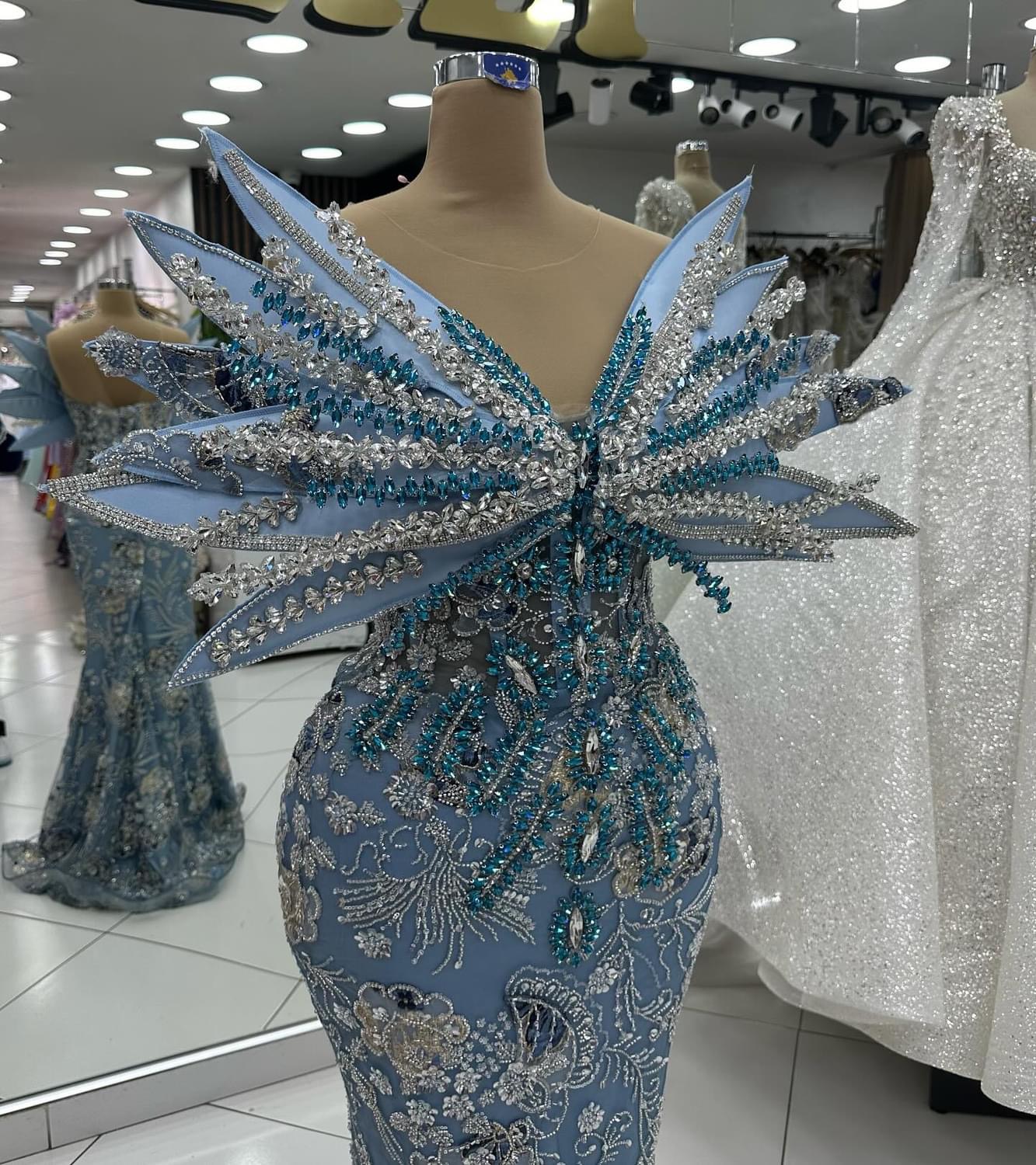2024 Plus Size Sky Blue Mermaid Prom Dresses For Special Occasions Florals Rhinestones Sequined Lace Evening Party Birthday Gowns Dress For Women Vest