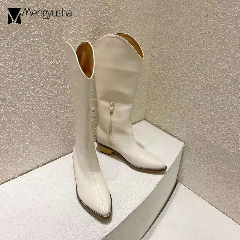 toe long pointed riding boots women hoof heel V open knee high leather booties 2023 winter slim cowboy botas mujer 2b4f