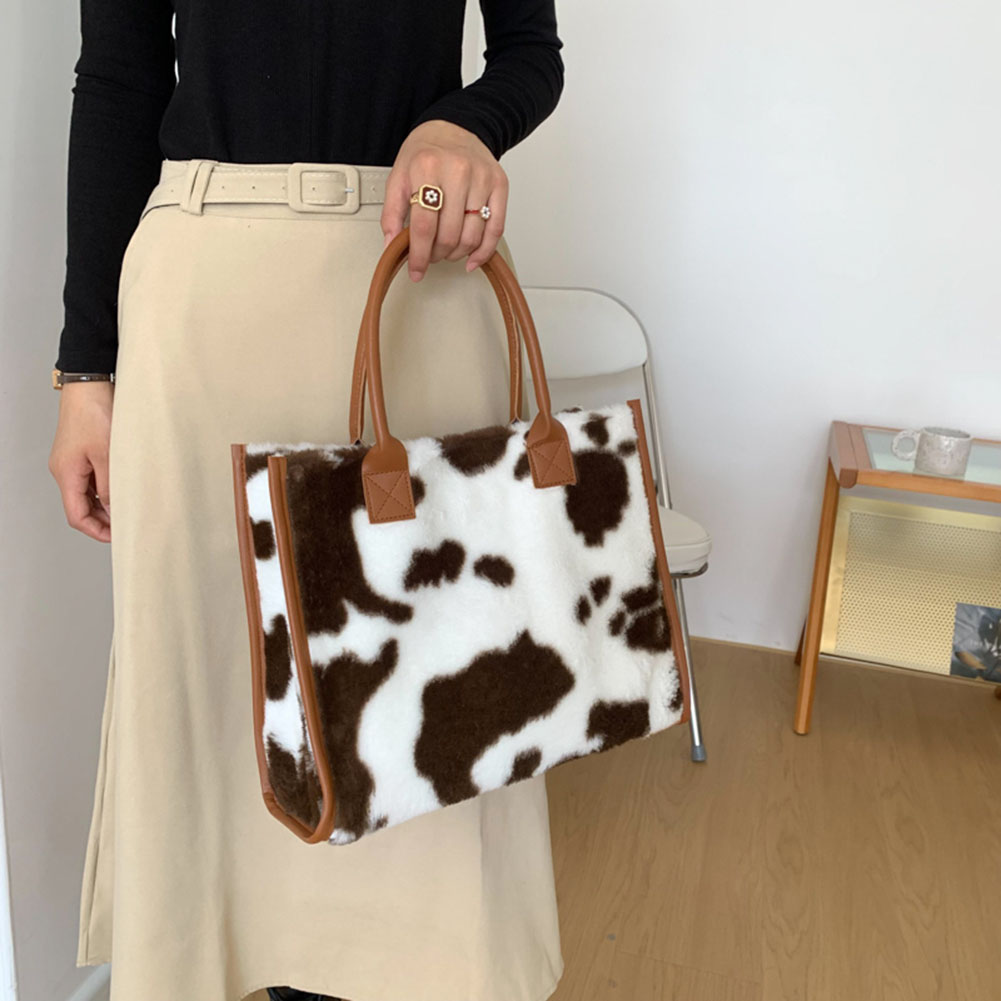 Fashion Women Top-Handle Bags Retro PU Leather Plush Cow Leopard Print Tote Bag Vintage Large Capacity Lady Shopping Handbag