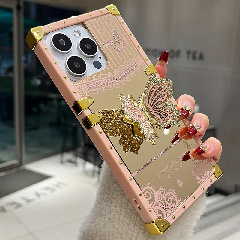 Luxury Glitter Diamond Butterfly Stand Square Cases Stand Metal Corner For iPhone 16 15 14 13 12 11 Pro Max Samsung S21 S23 FE S22 S24 Ultra A15 A35 A