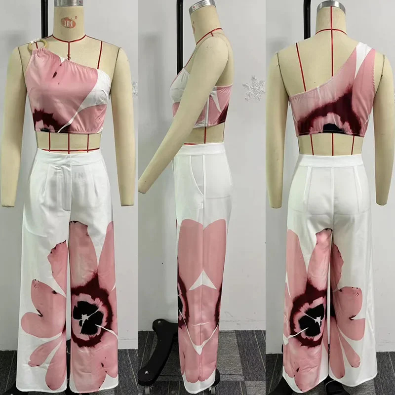 Floral Print Summer Two Piece Set Women Holiday One Shoulder Crop Top and Loose Wide Leg Pants Matching Sets Outfits Vacation 241108