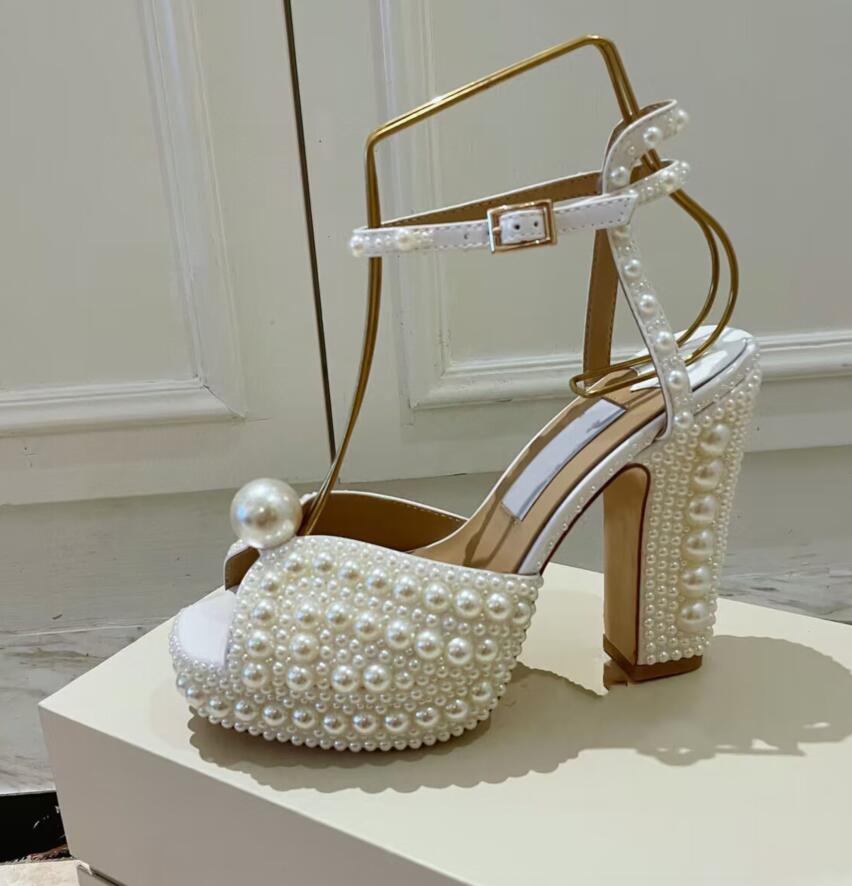 Dress Shoes Elegant Bridal Wedding Dress Shoes Sacora Lady Sandals Pearls Leather Luxury Brands High Heels Women Walking
