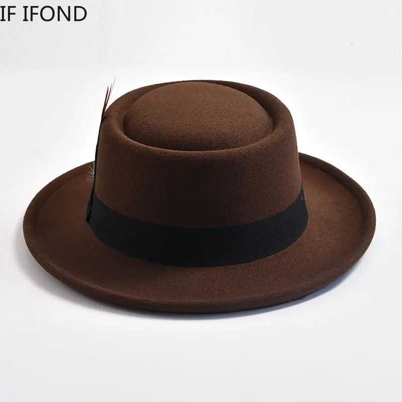 Vintage Pork Pie Hat Mens Rolled Brim Felt Fedora Hat with Feather Gentleman Church Cap Trilby Jazz Hats 240322