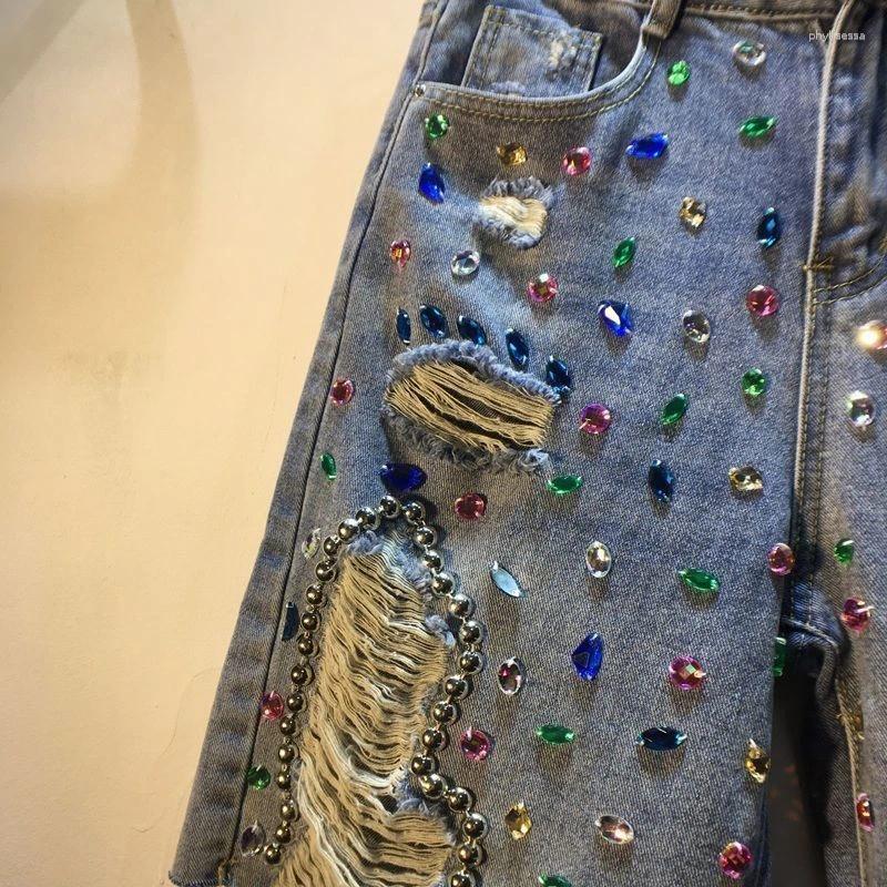 Women's Jeans 2024 Heavy Industry Dia Studded Beaded High Waist Denim Shorts Summer Slim Fit Versatile Tassel Fashion Free shipping