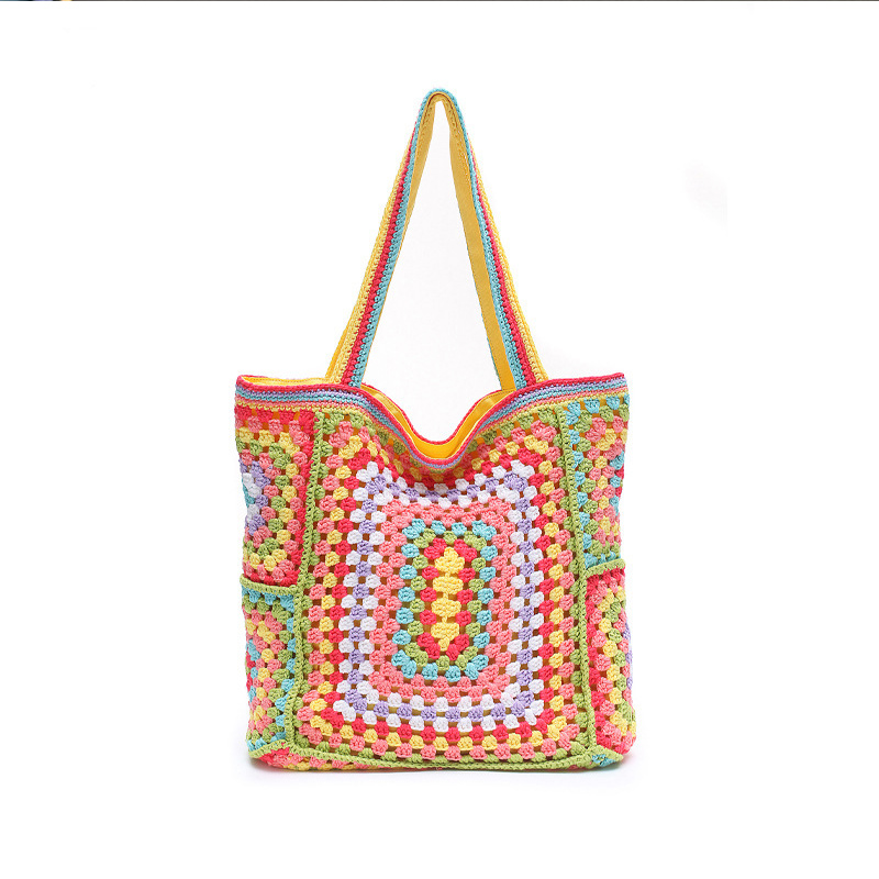 Knitted Bohemian Colorful Shoulder Beach Women Handbag Weekend Travel Large Capacity Tote Knitting Shopping Bag High Quality