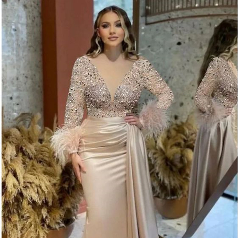 Elegant Champagne Mermaid Evening Dresses Beaded Feather Long Sleeves Illusion Deep V-Neck Sexy Bride Reception Dress Chic Satin Prom Party Formal Occ