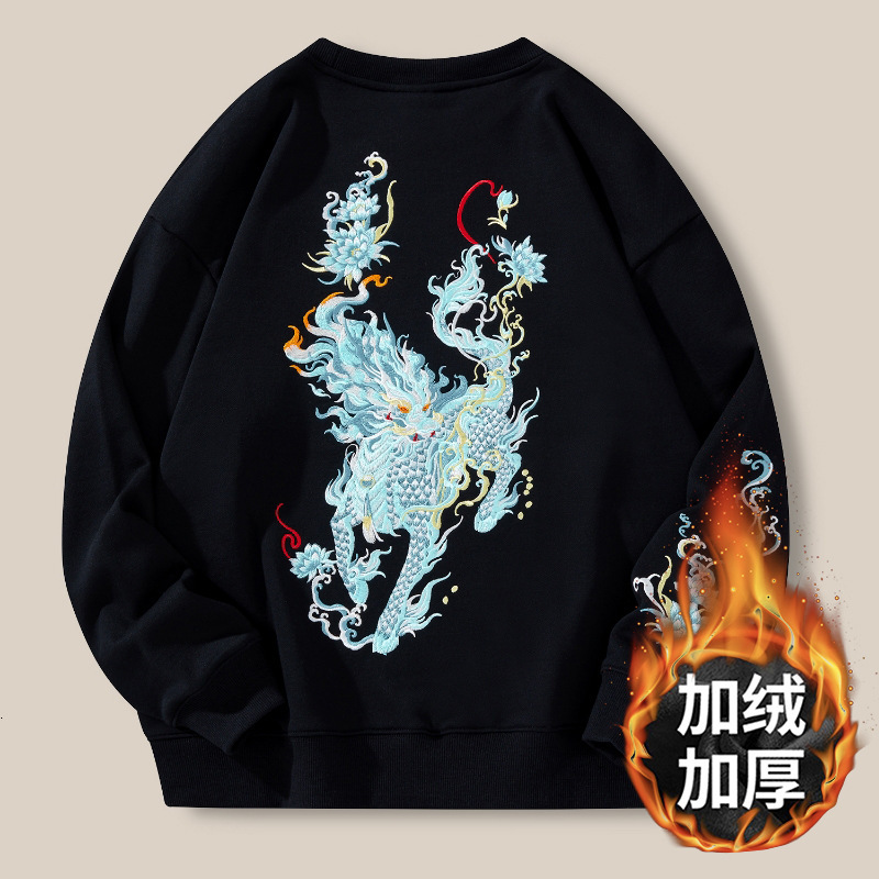 Designer's new style sweater, men's plush coat, China-Chic Kirin embroidery top, cotton loose fashion brand large round neck shirt, men