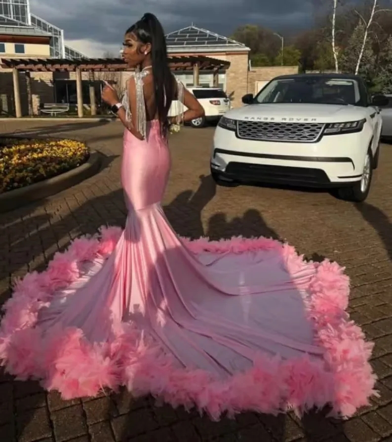 Pink African American Prom Dresses Mermaid Sheer Crystals Feather Black Girls Nigeria Robe De Soiree Evening Dress Gown