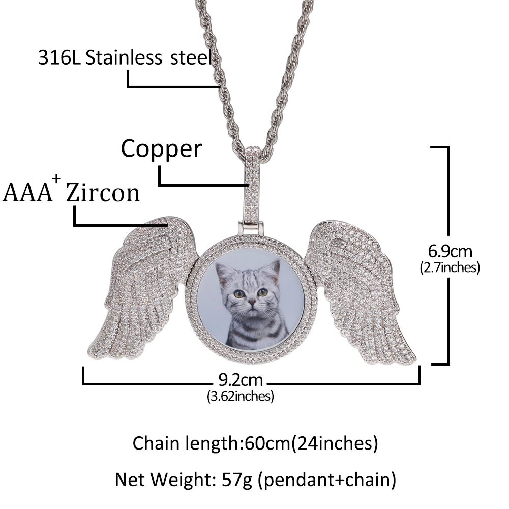 Hip Hop Big Angel Wings Custom Photo Pendant Necklace TopBling Zircon Diamond Jewelry