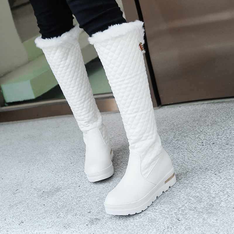 Winter Brand Warm Snow Boots Women Waterproof Leather Fur Plush Wedges Knee High Boot Black White Ladies Shoes Comfortable fb7f