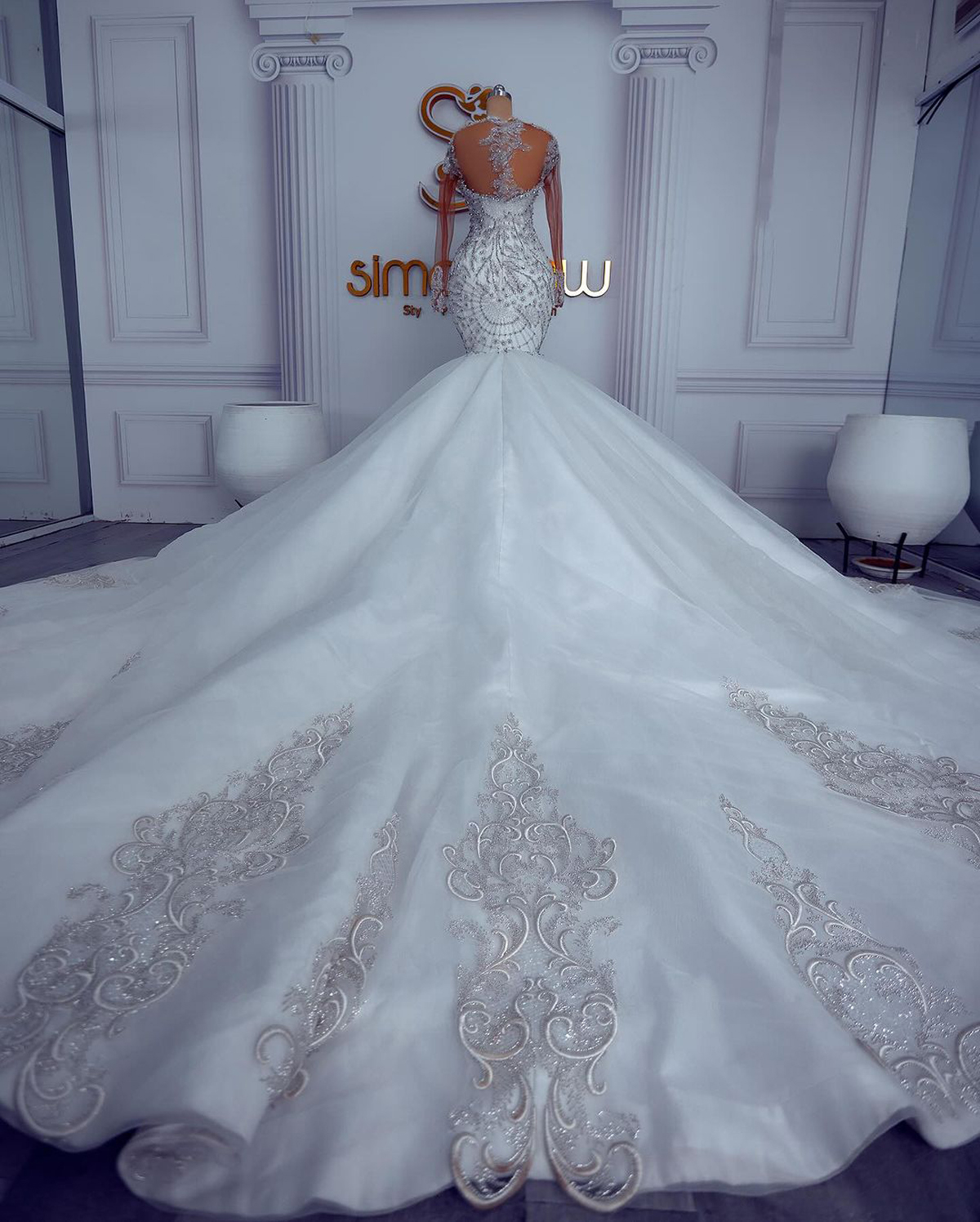 Crystal Wedding Dresses Mermaid Bridal Gowns Sequins Rhie Custom Made Appliques Long Sleeve Slim Sweep Train Vestidos De Novia