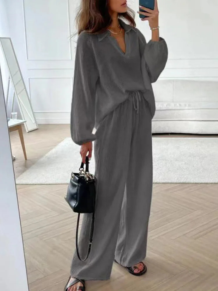 2024 Womens Autumn 2 Piece Outfits Vneck Long Sleeve Shirt Loose Wide Leg Pants Linen Lounge Sets with Pockets 241108