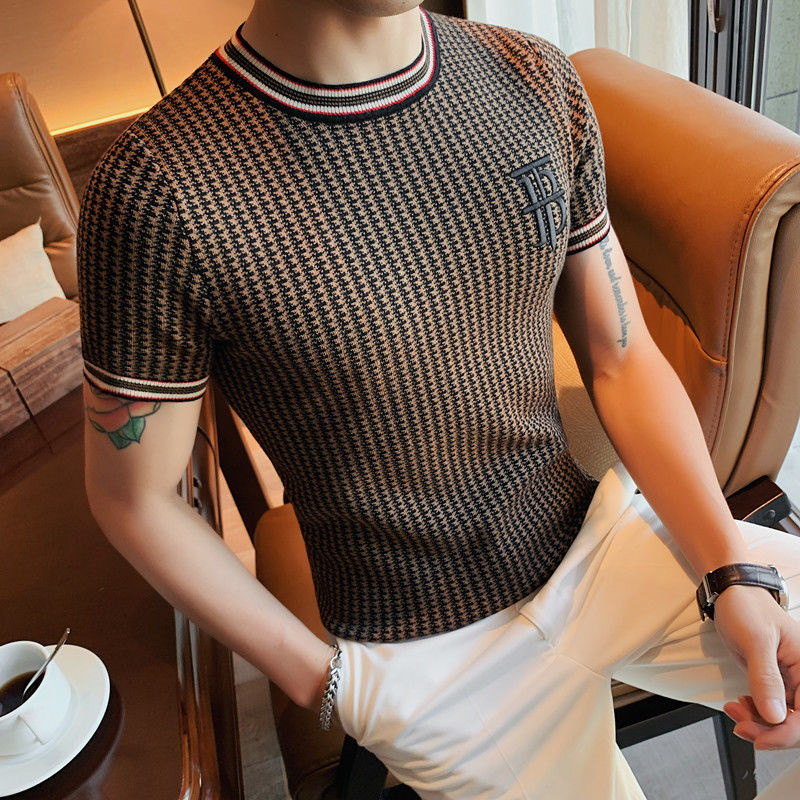British Style Thousand Bird Check Men T-shirt New Embroidery Slim Knitted T Shirt Men new O-Neck Homme 2025 Social Club Outfits Top Tees