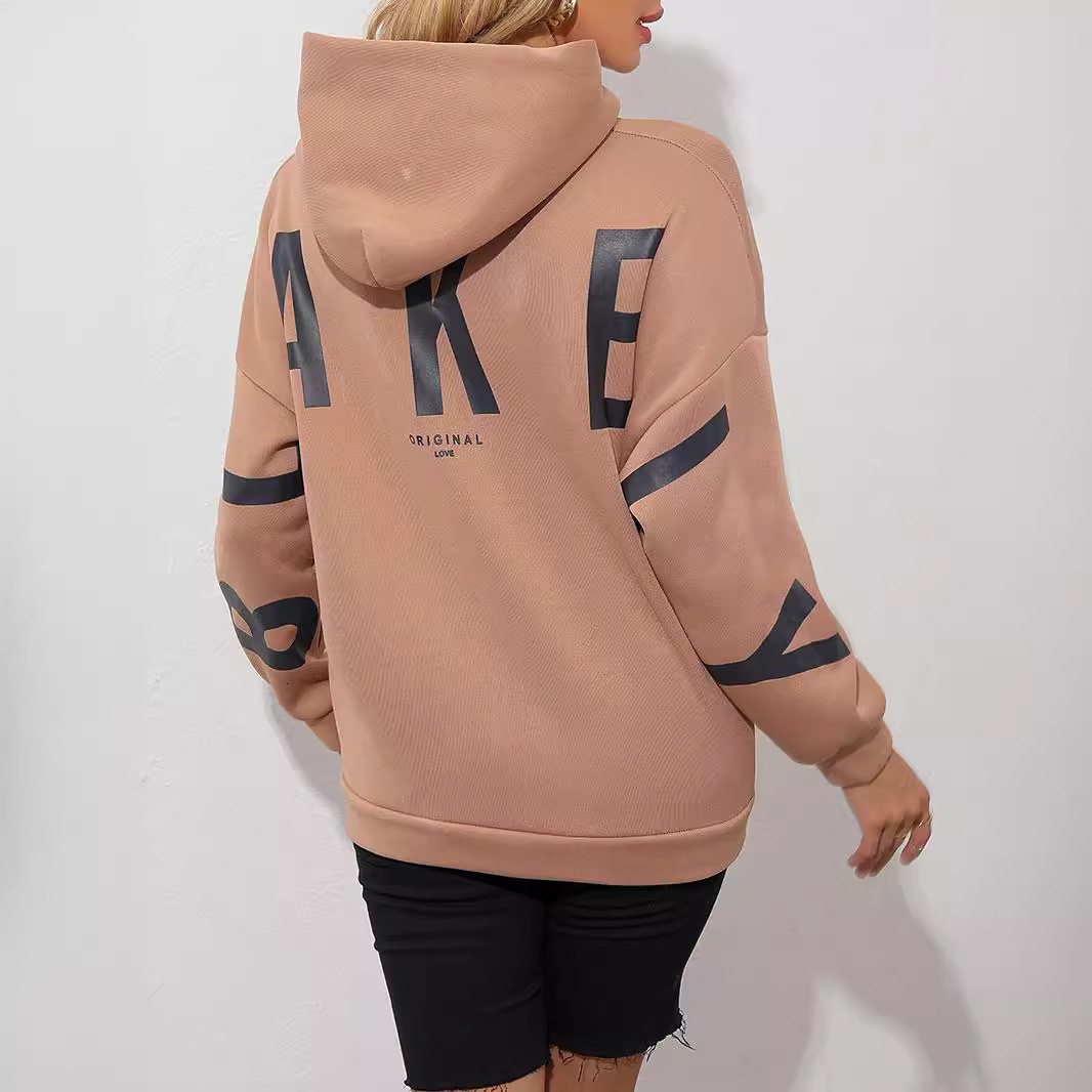 Designer's autumn and winter new fashionable printed thick fleece loose hooded sweatshirt for women