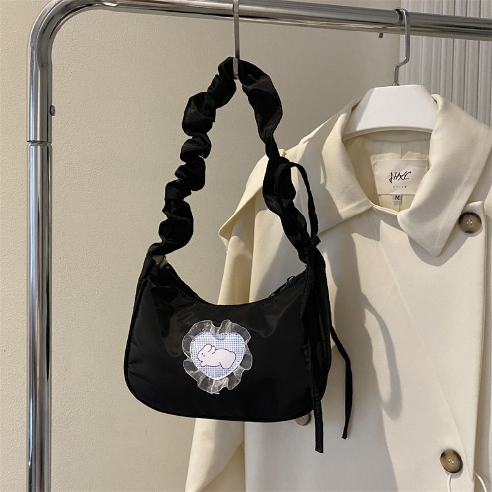 Lace Love Rabbit Underarm Bag Solid Color Large Capacity Pleated Strap Shoulder Bag Korean Style Tote Bag Sweet Handbag Outdoor