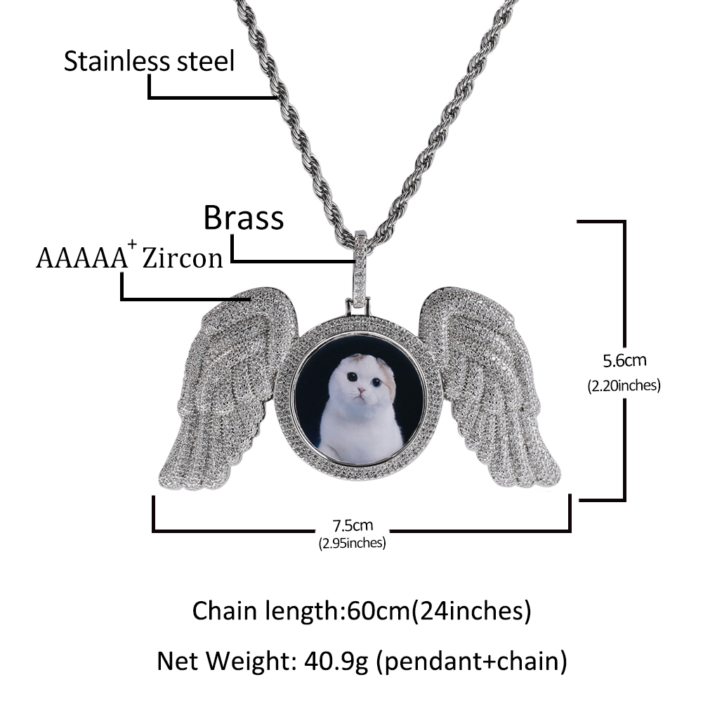 Hip Hop Big Angel Wings Custom Photo Pendant Necklace TopBling Zircon Diamond Jewelry