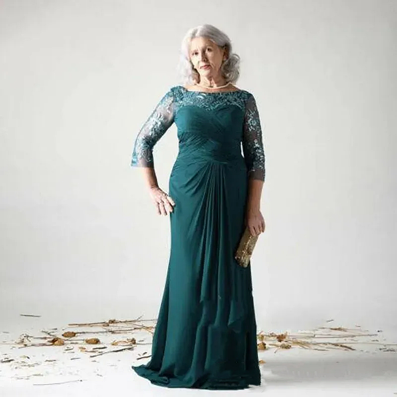 Elegant Dark Green Long Mother Of The Bride Dresses Lace Appliques Ruched Chiffon A Line Plus Size Wedding Guest Dress Open Back Groom Mom Formal Wear