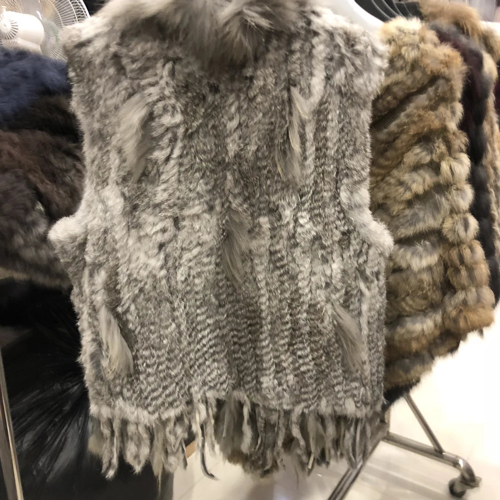 Wholesale womens genuine knitted rabbit fur tassel raccoon fur decorative vest gray chest circumference 100cm V-neck street vest 241108