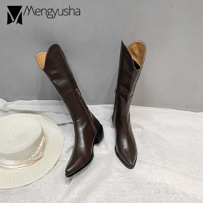 toe long pointed riding boots women hoof heel V open knee high leather booties 2023 winter slim cowboy botas mujer 2b4f