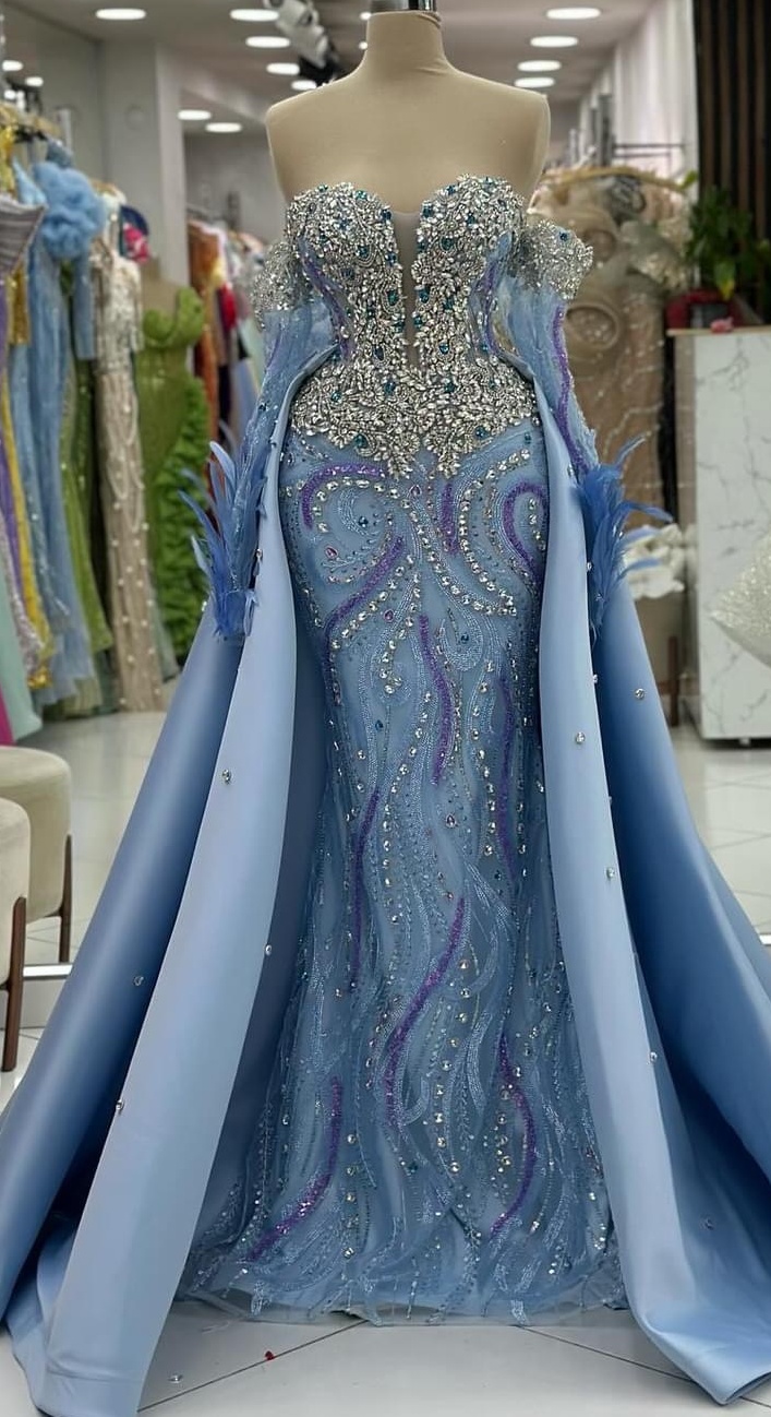 2024 Plus Size Sky Blue Mermaid Prom Dresses For Special Occasions Rhinestones Detachable Train Evening Party Birthday Gowns Dress For Women Vestidos 