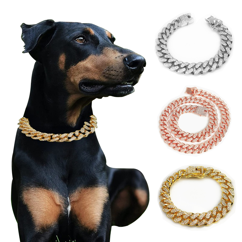 Dog Collars Rhinestone Dog Collar Dog CollarPet Dog Mass Rap Hip Hop Cuban Chain Big Gold Chain Pechera Para Perro Dog Supplies H250219