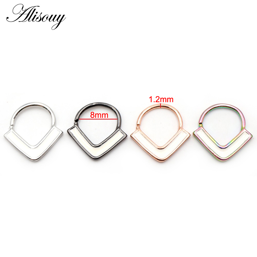 Alisouy 1pc Copper 16G V Pattern Enamel Clicker Nose Septum Ring Segment Daith Helix Hoop Nostril Earring Body Piercing Jewelry
