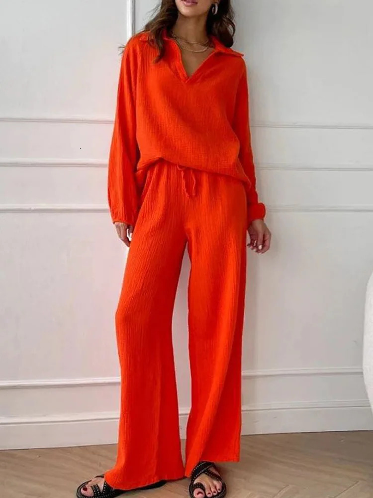 2024 Womens Autumn 2 Piece Outfits Vneck Long Sleeve Shirt Loose Wide Leg Pants Linen Lounge Sets with Pockets 241108