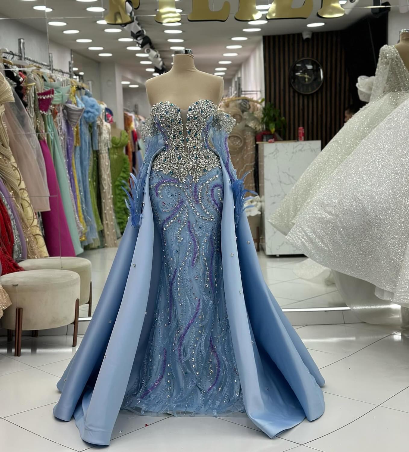2024 Plus Size Sky Blue Mermaid Prom Dresses For Special Occasions Rhinestones Detachable Train Evening Party Birthday Gowns Dress For Women Vestidos 