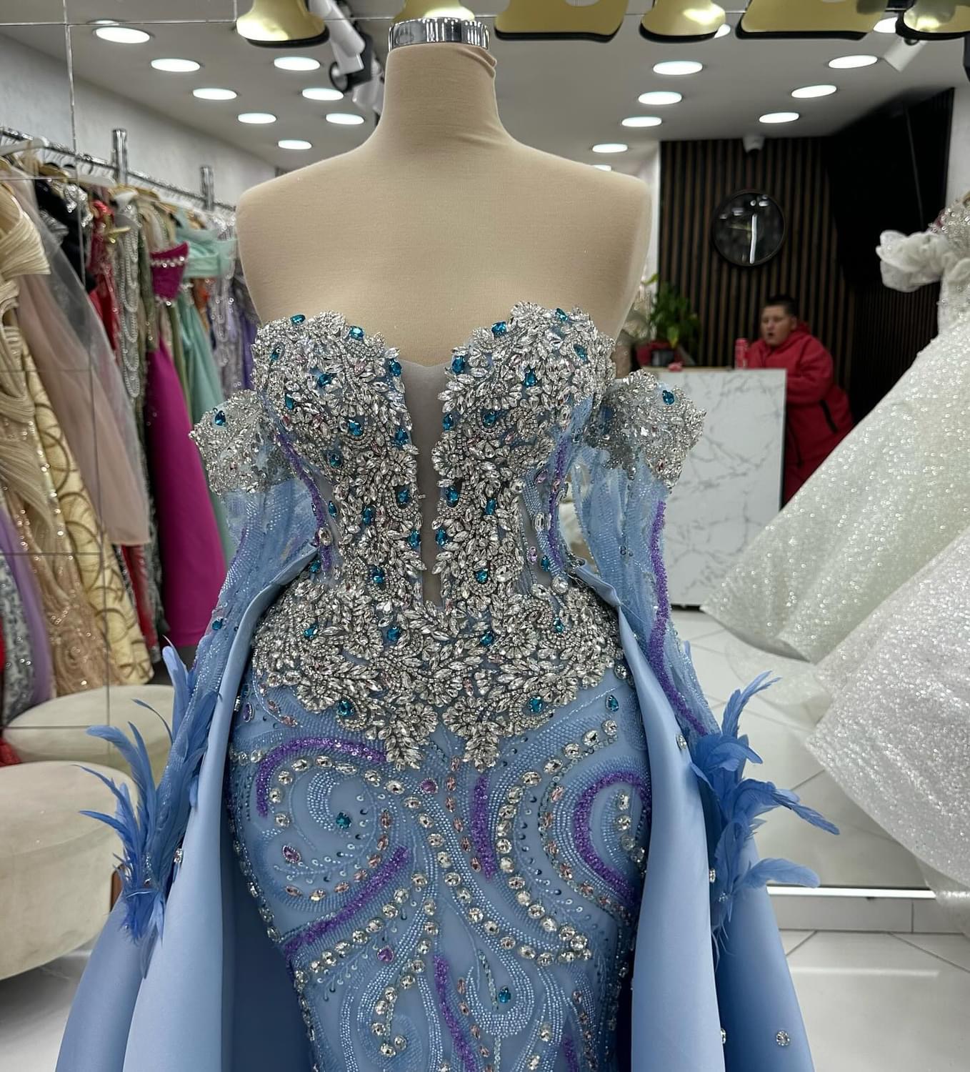 2024 Plus Size Sky Blue Mermaid Prom Dresses For Special Occasions Rhinestones Detachable Train Evening Party Birthday Gowns Dress For Women Vestidos 