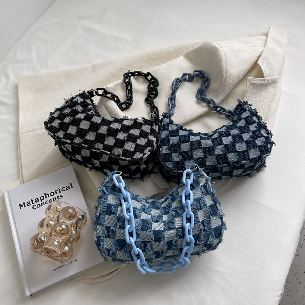 Vintage Denim Women Shoulder Bags Acrylic Chain Female Armpit Handbag Purses Shoulder Handbags for Traveling