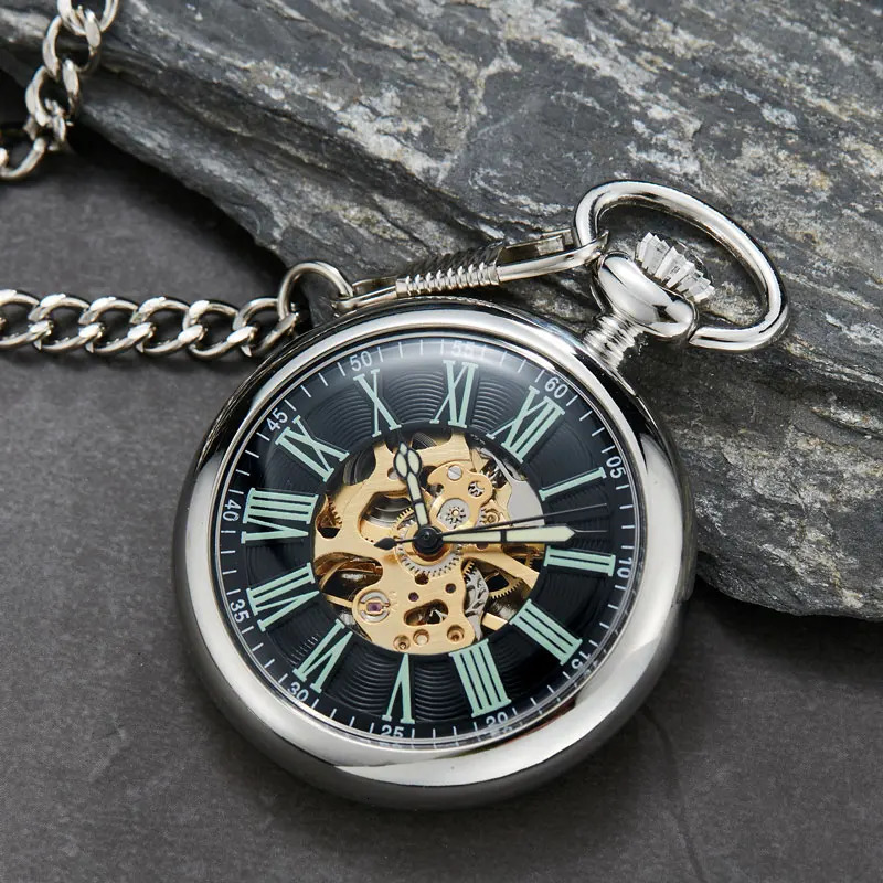 Antique Smooth Silver Skeleton Transparent Mechanical Pocket Watch For Men FOB Chain Hand Winding Reloj De Bolsillo 240327