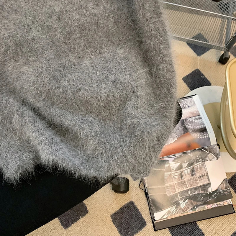 Grey Mohair Knitted Sweater T-shirt Women Summer V-neck Short Sleeve Soft Tees Pullover Casual Vintage Korean Fashion Tops 240410