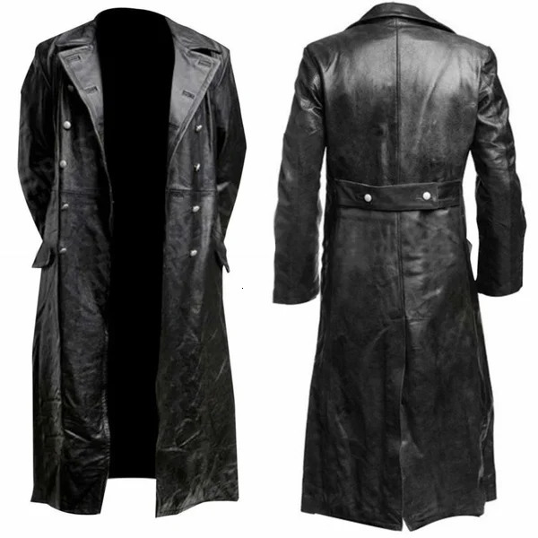MENS GERMAN CLASSIC WW2 MILITARY UNIFORM OFFICER BLACK LEATHER TRENCH COAT t241108