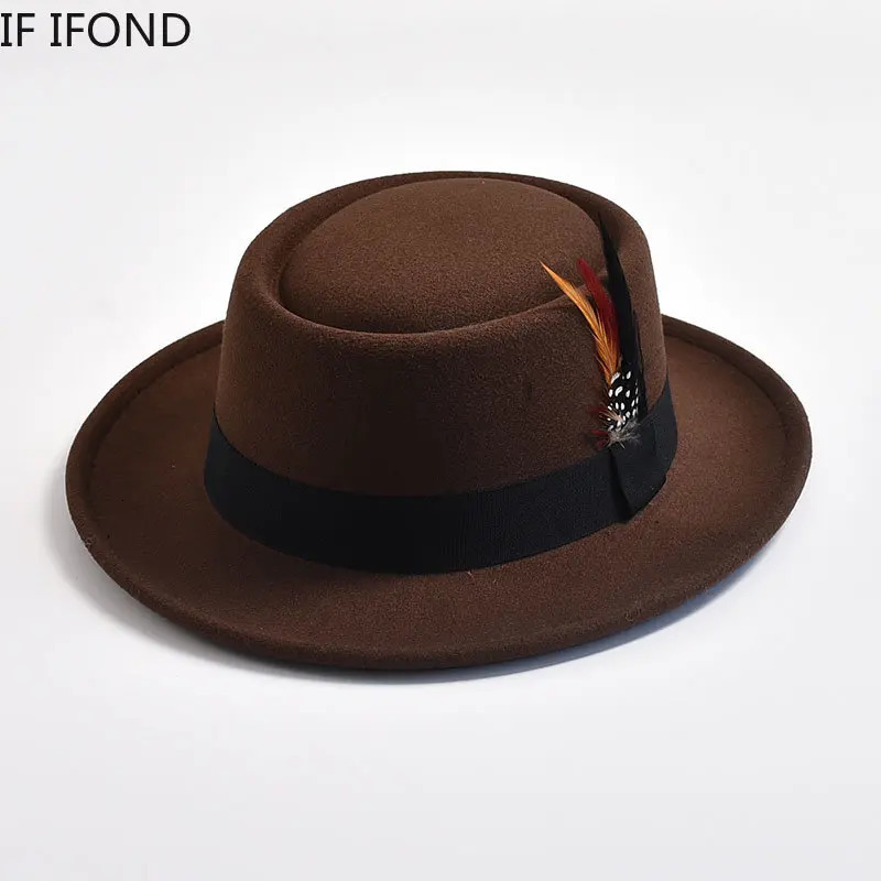 Vintage Pork Pie Hat Mens Rolled Brim Felt Fedora Hat with Feather Gentleman Church Cap Trilby Jazz Hats 240322