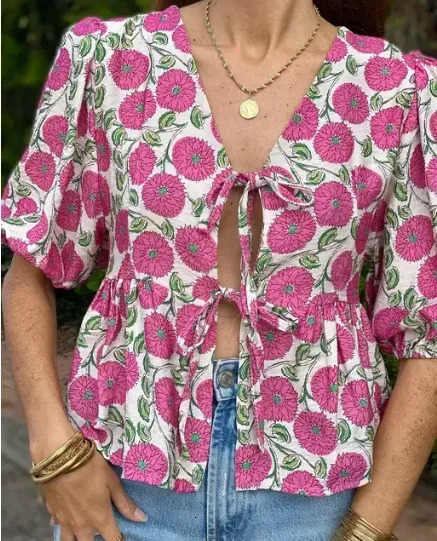 Summer Print Long Skirt Sets For Women 2024 Chic Lace Up V Neck Short Sleeve Shirts High Waist Skirts Lady Beach 2 Pieces 240401