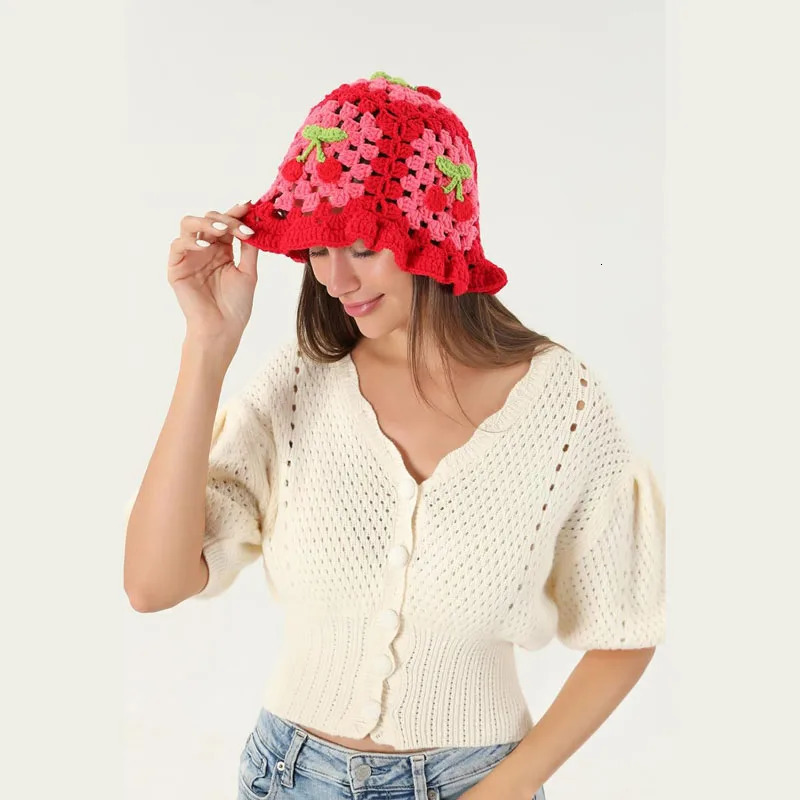 Flower Crochet Bucket Hat Women Summer Handmade Knit Beanies INS y2k Korean Fashion Panama Cap240410