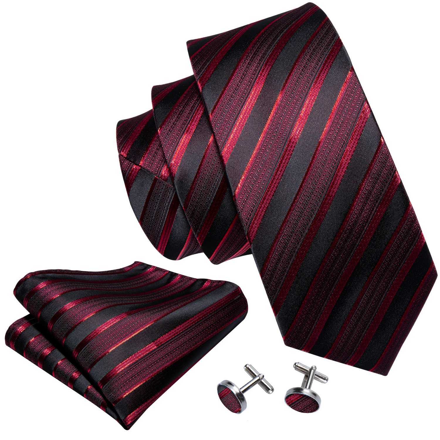 Barry.Wang Red Black Mens Tie Set Jacquard Striped Necktie Handkerchief Cufflinks for Male Weeding Busin Party Luxury GiftX241109
