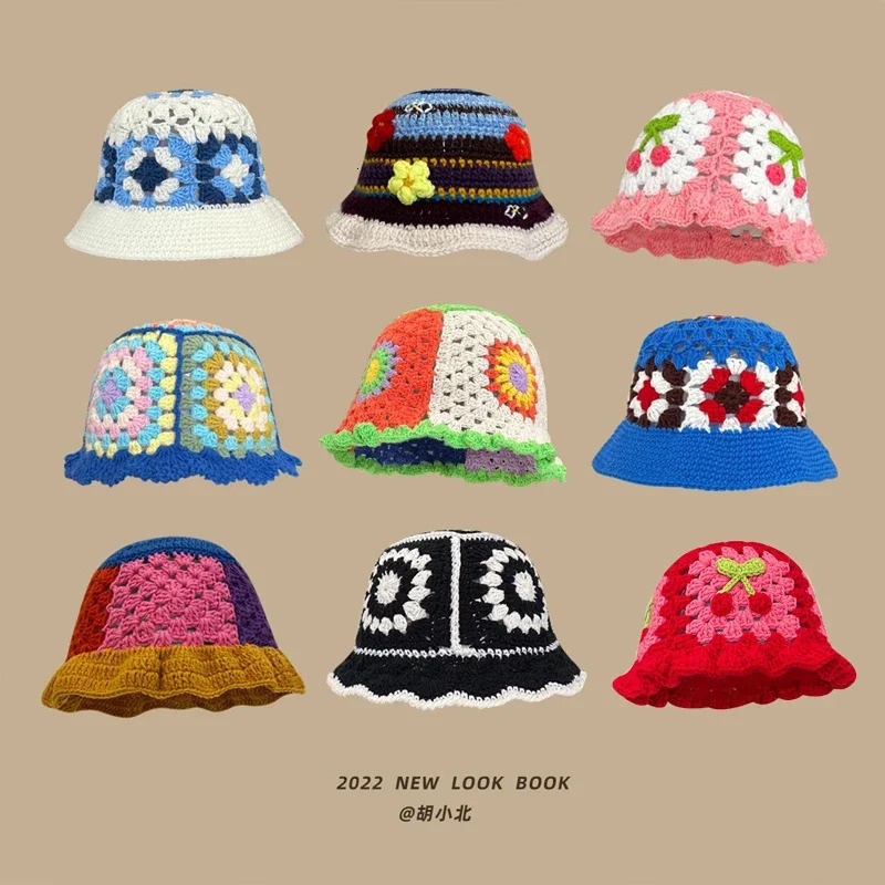 Flower Crochet Bucket Hat Women Summer Handmade Knit Beanies INS y2k Korean Fashion Panama Cap240410