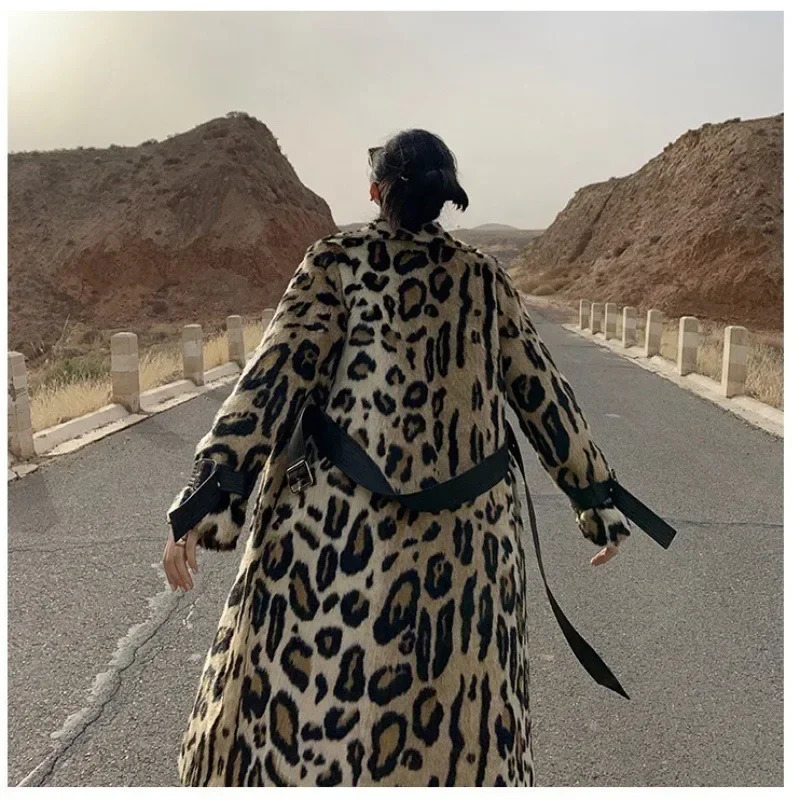 Winter Splicing Leopard Pattern Plush Coat Womens Long Eco Friendly Fur Coat 241108