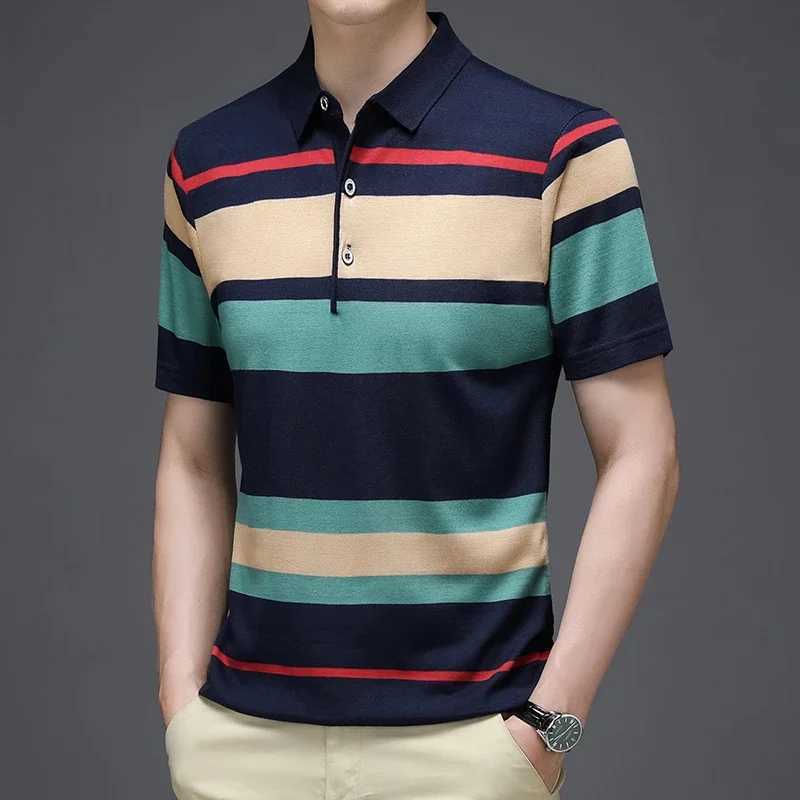 2024 Summer New Mens Knitted Stripe Short Sleeved POLO Shirt Comfortable and Cool Casual Fashion T-shirt XJ250617